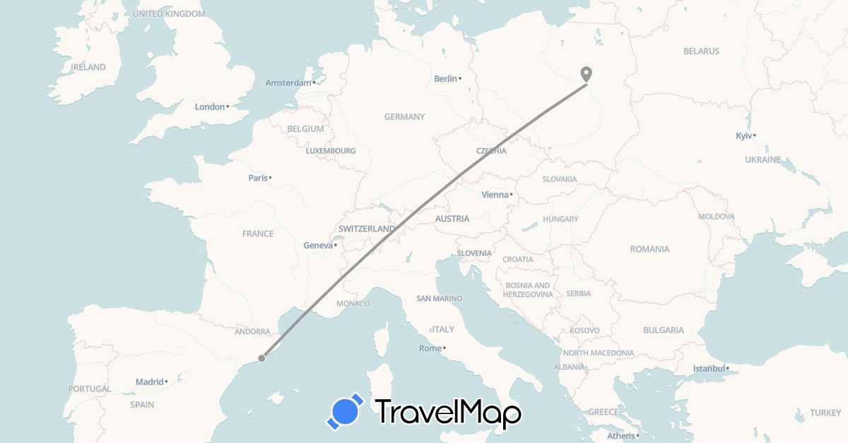 TravelMap itinerary: plane in Spain, Poland (Europe)